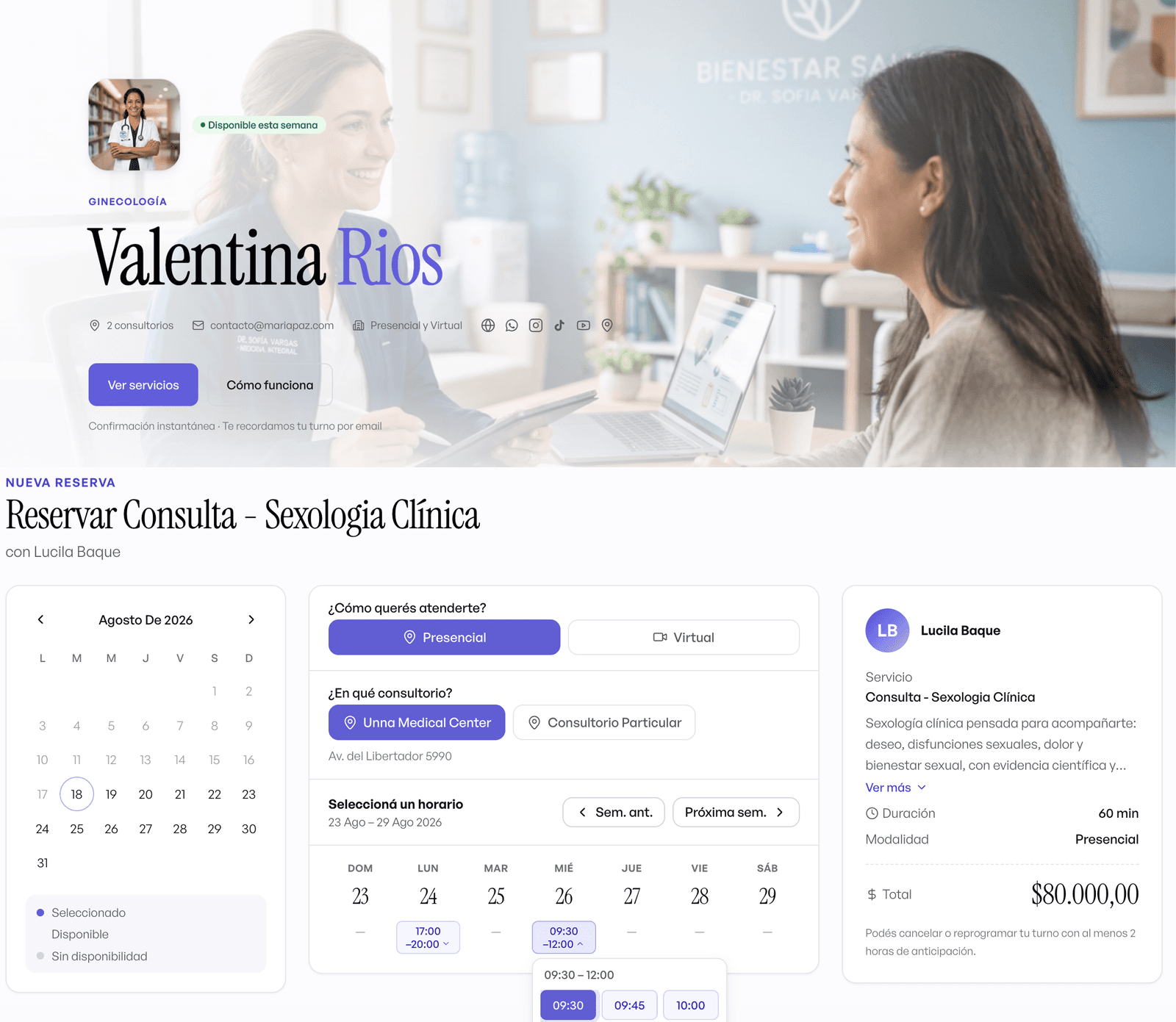 Página pública de reservas en Clínica Online