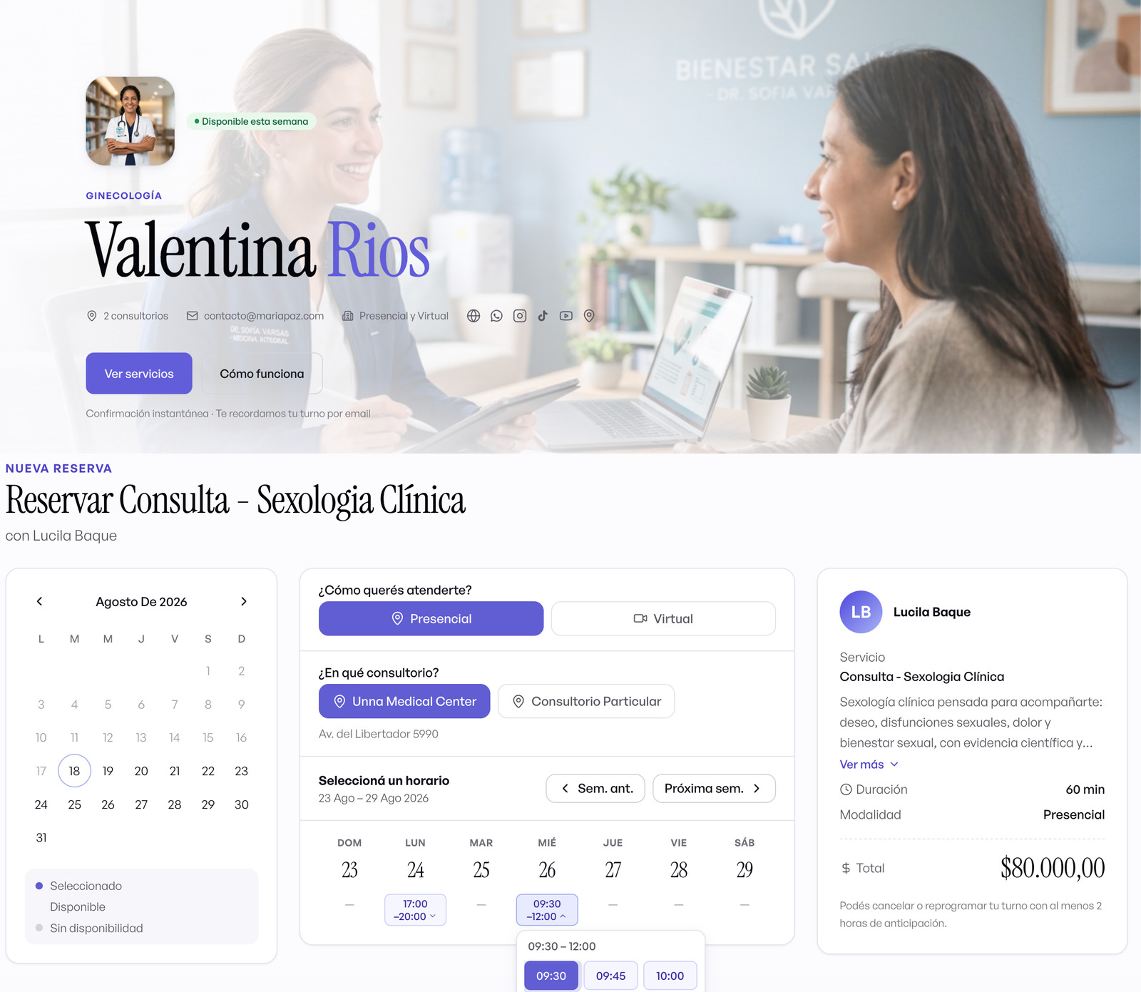 Página pública de reservas en Clínica Online